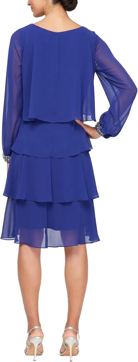 S.L. Fashions Women's Long-Sleeve Chiffon Cocktail Dress (Petite and Regular)