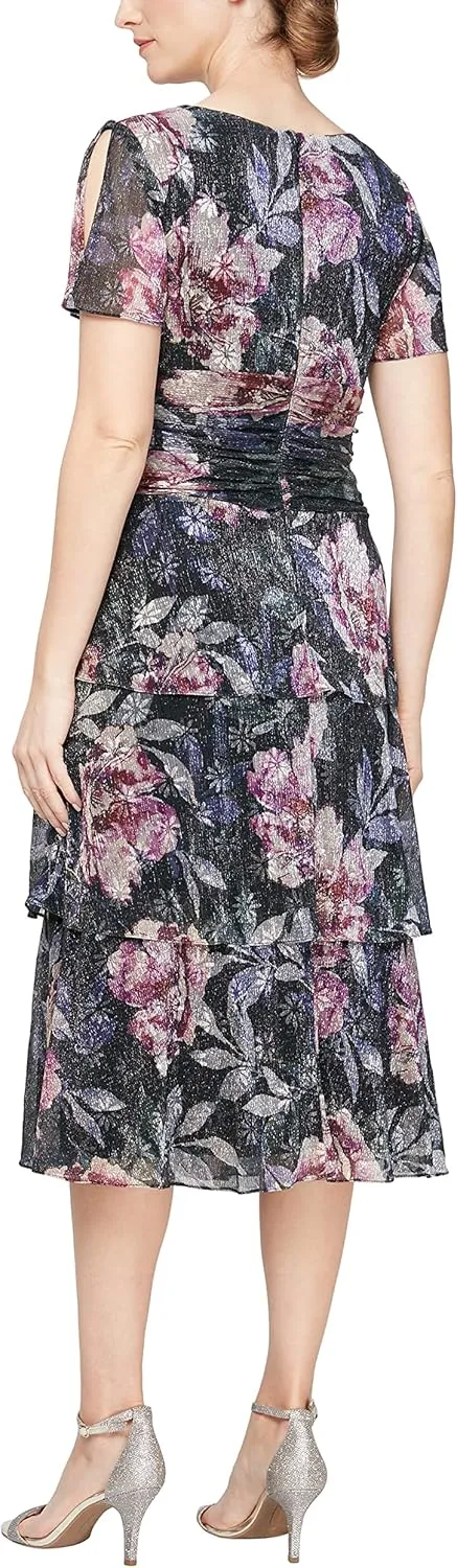 S.L. Fashions Women's Short Sleeve V-Neck Midi Cocktail Dress W/Ruched Waist, Wedding Guest Gown (Petite and Regular Sizes)