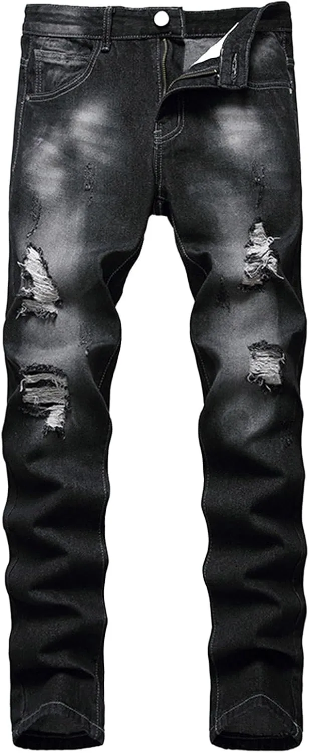 Slim Fit Ripped Jeans for Men Destroyed Distressed Stretch Slim Jeans Pants Hip Hop Y2K Streetwear Denim Pants