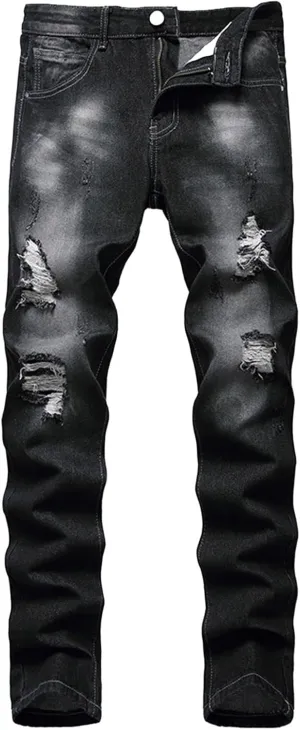 Slim Fit Ripped Jeans for Men Destroyed Distressed Stretch Slim Jeans Pants Hip Hop Y2K Streetwear Denim Pants