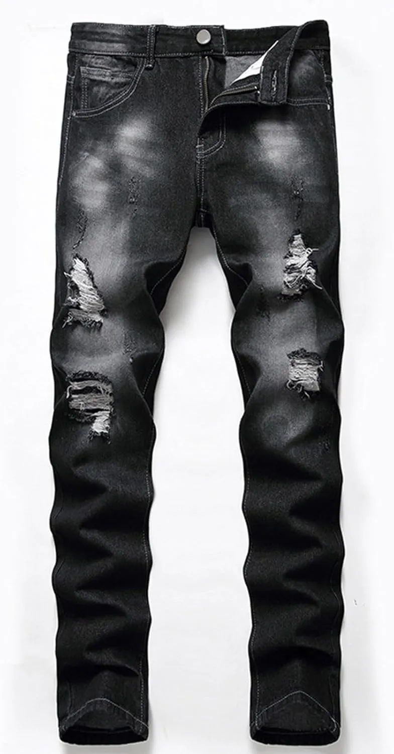 Slim Fit Ripped Jeans for Men Destroyed Distressed Stretch Slim Jeans Pants Hip Hop Y2K Streetwear Denim Pants