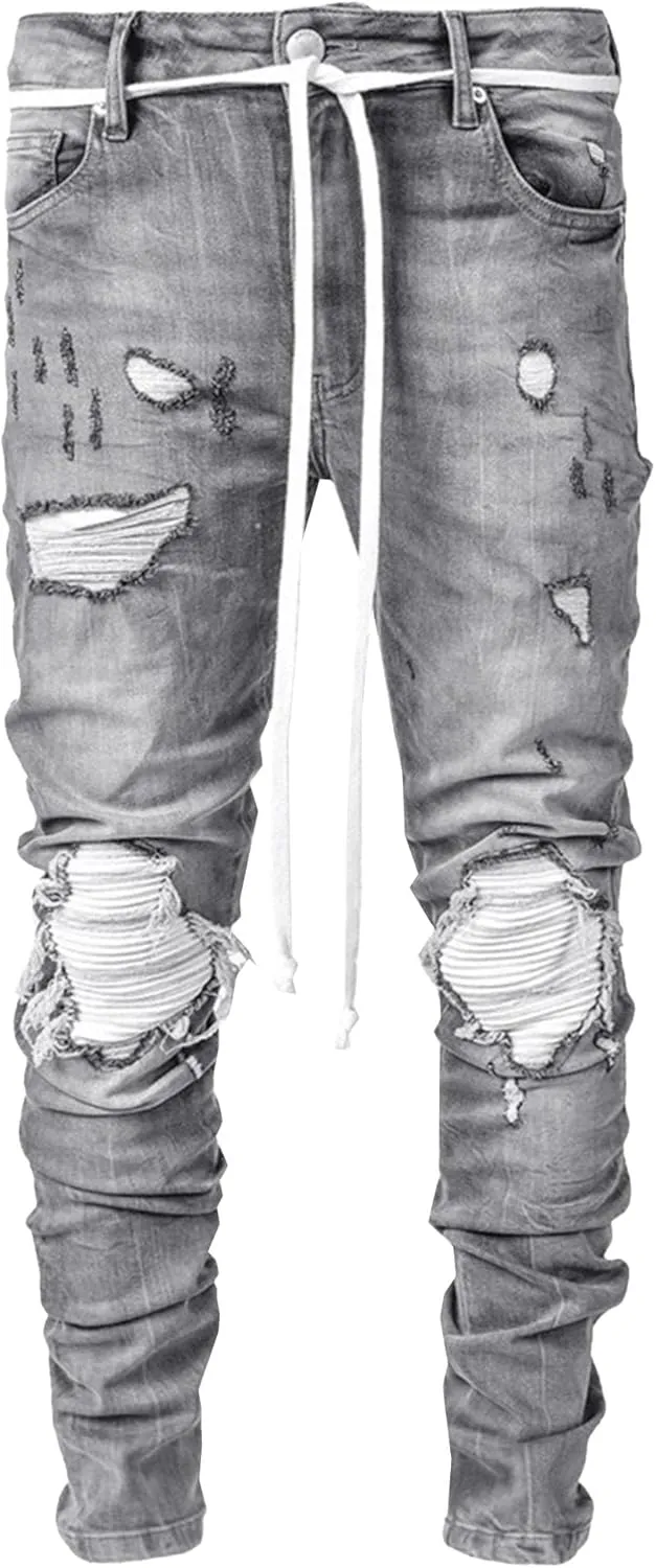 Slim Fit Stretch Ripped Jeans for Men Tapered Leg Distressed Biker Jeans Vintage Fashion Skinny Denim Pants