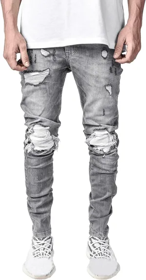 Slim Fit Stretch Ripped Jeans for Men Tapered Leg Distressed Biker Jeans Vintage Fashion Skinny Denim Pants