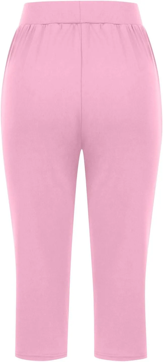 Solid Capris Pants for Women High Waist Straight Leg Pant Loose Causal Summer Relax Trousers with Pockets