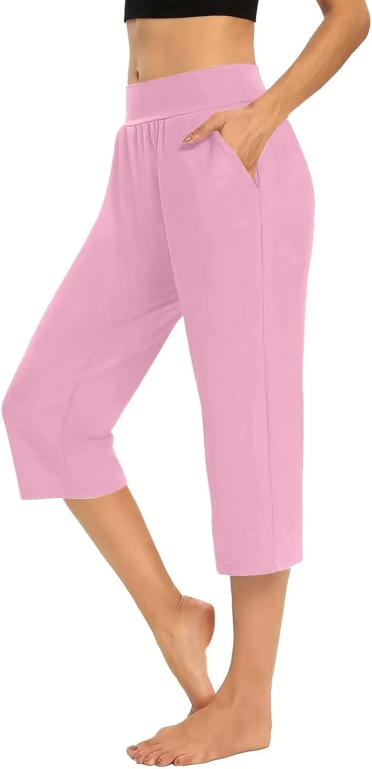 Solid Capris Pants for Women High Waist Straight Leg Pant Loose Causal Summer Relax Trousers with Pockets