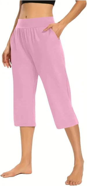 Solid Capris Pants for Women High Waist Straight Leg Pant Loose Causal Summer Relax Trousers with Pockets