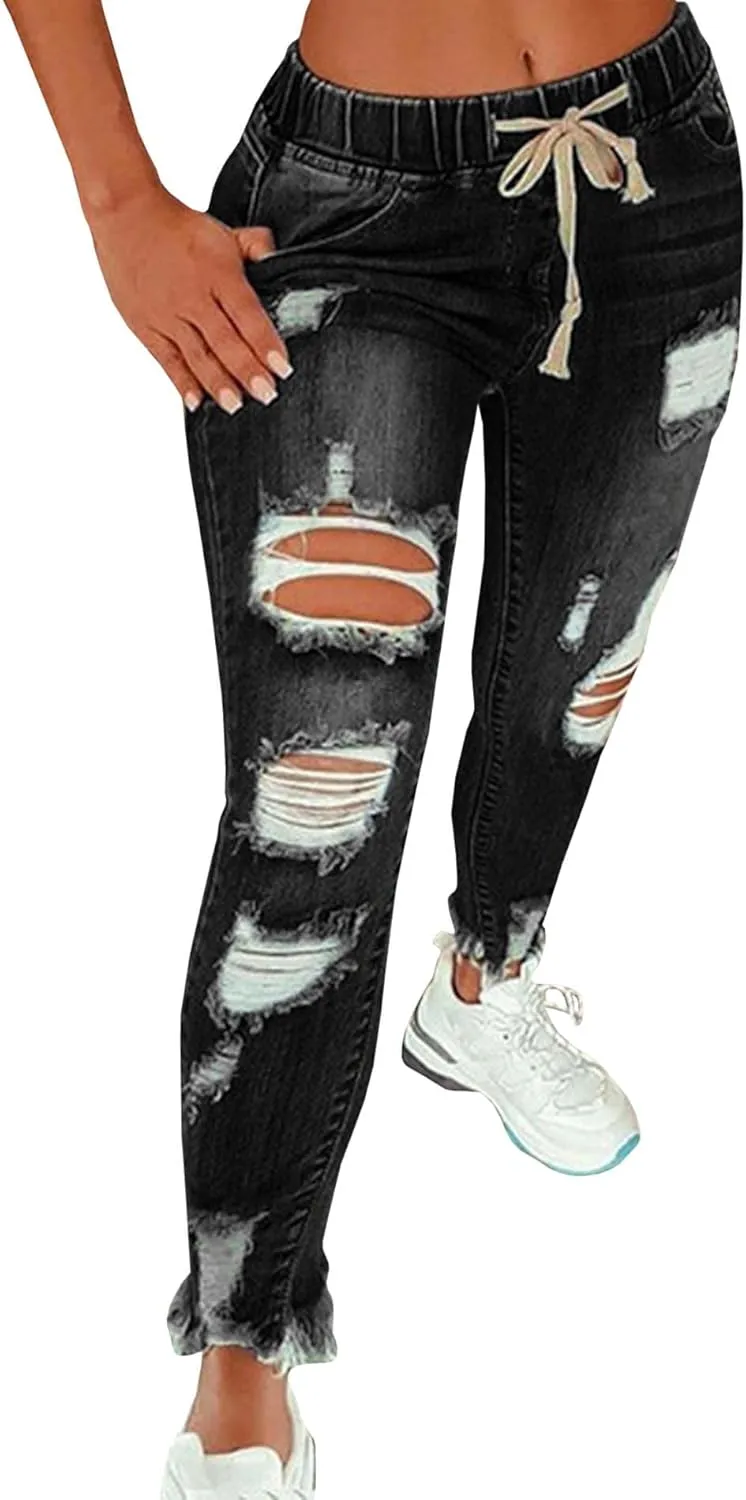 SOMTHRON Women's High Rise Distressed Slim Punk Denim Jeans High Waist Skinny Destroyed Ripped Pencil Jeans Pants