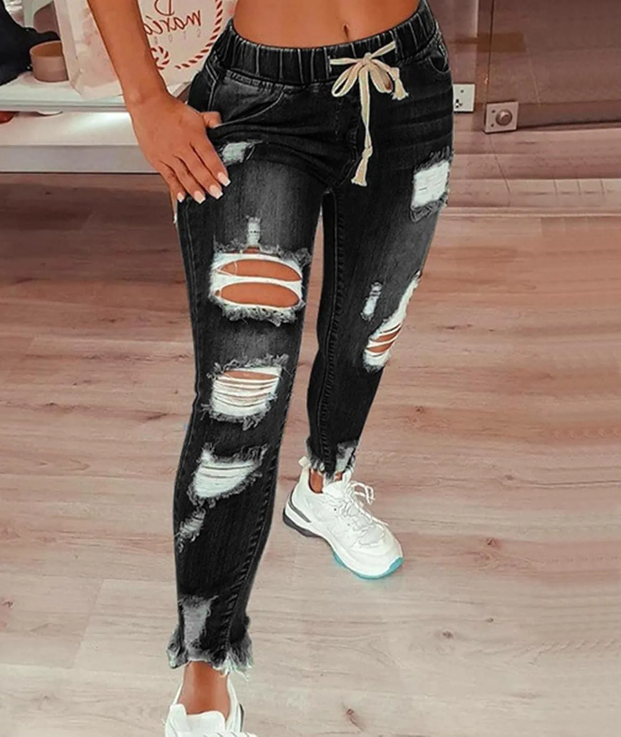 SOMTHRON Women's High Rise Distressed Slim Punk Denim Jeans High Waist Skinny Destroyed Ripped Pencil Jeans Pants