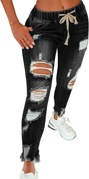 SOMTHRON Women's High Rise Distressed Slim Punk Denim Jeans High Waist Skinny Destroyed Ripped Pencil Jeans Pants