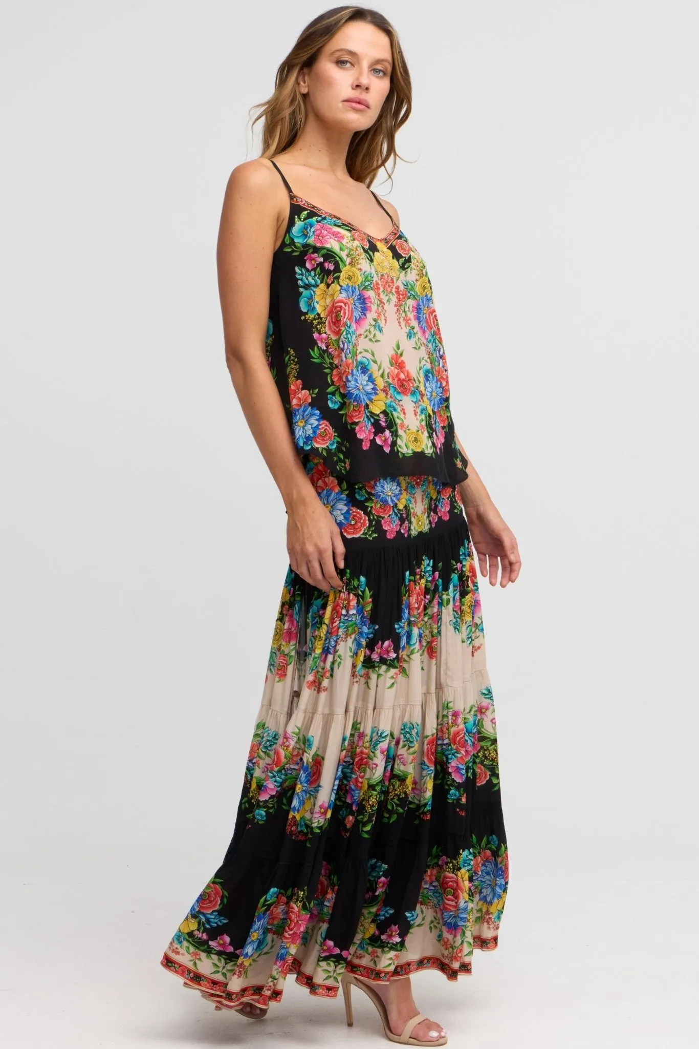 Spanish Flowers Maxi Skirt w Side Slit