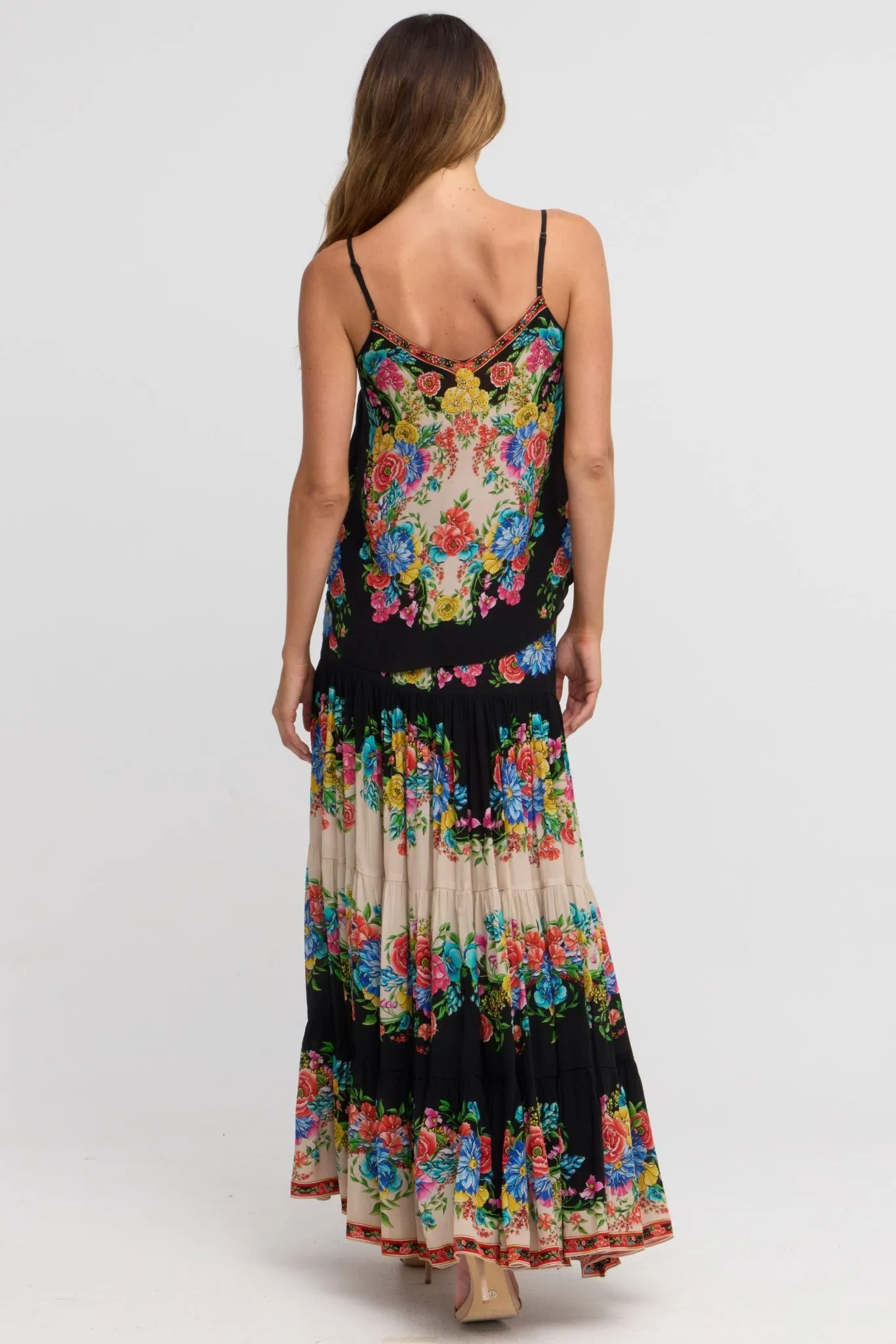Spanish Flowers Maxi Skirt w Side Slit