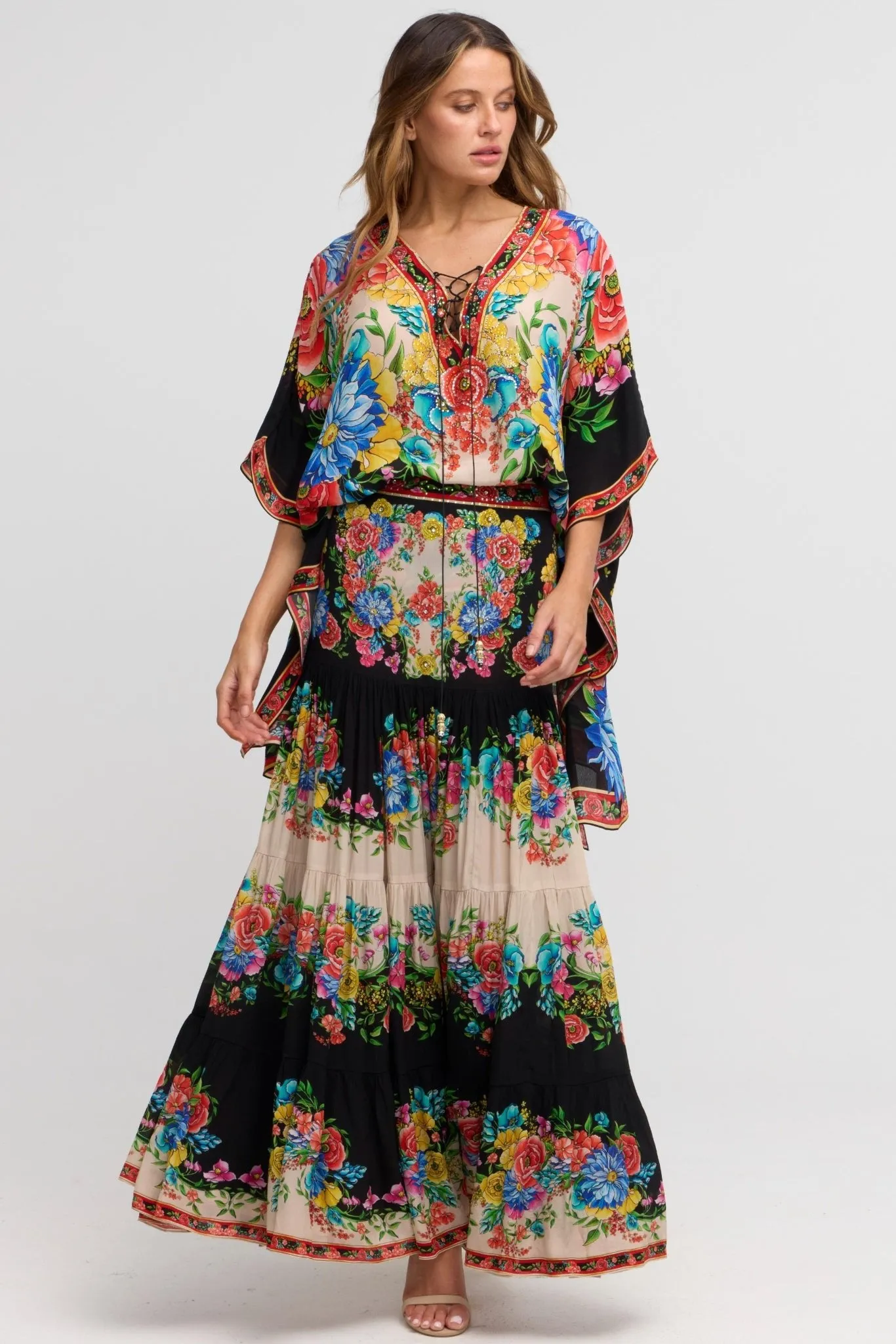 Spanish Flowers Maxi Skirt w Side Slit