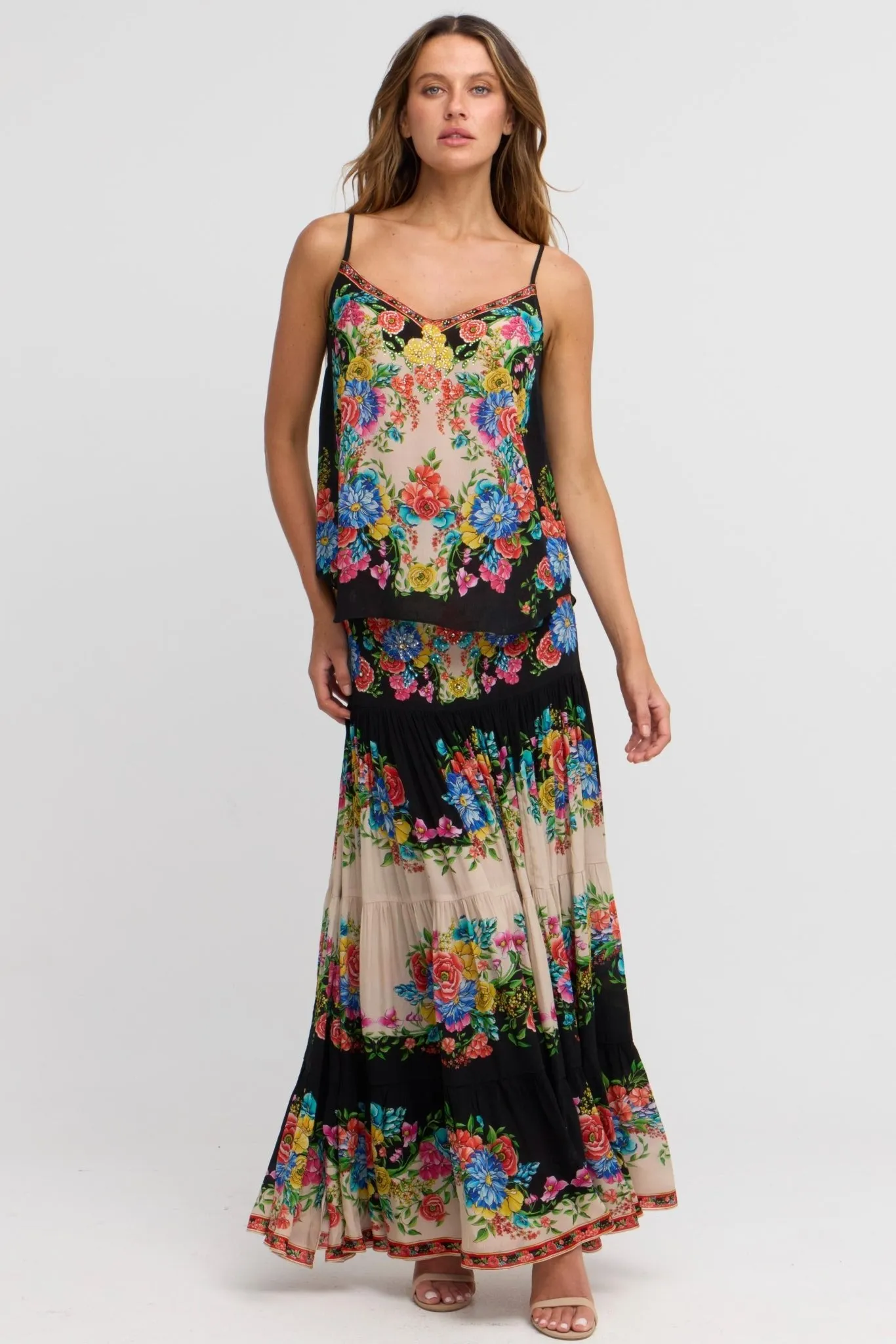 Spanish Flowers Maxi Skirt w Side Slit