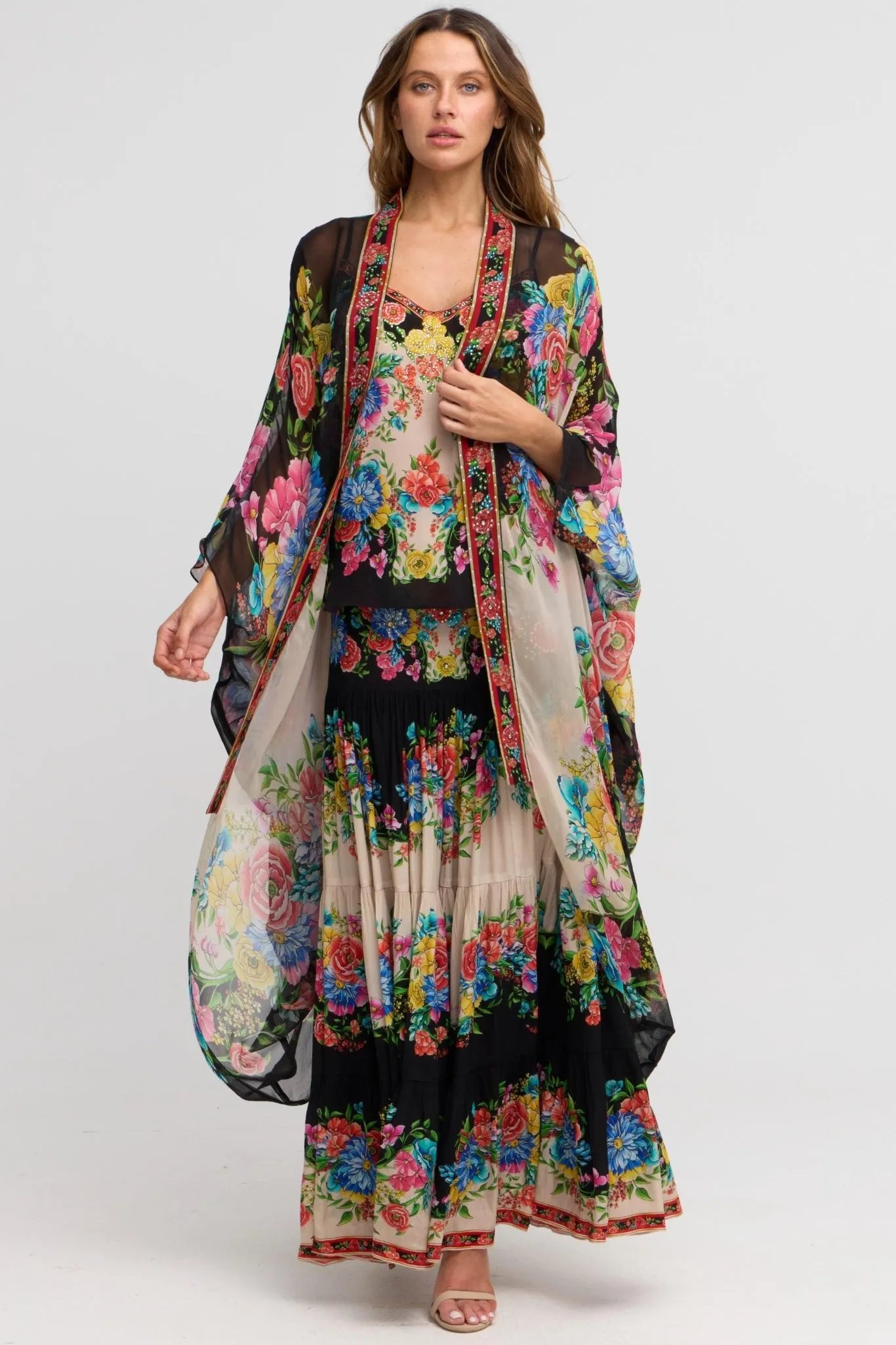 Spanish Flowers Maxi Skirt w Side Slit