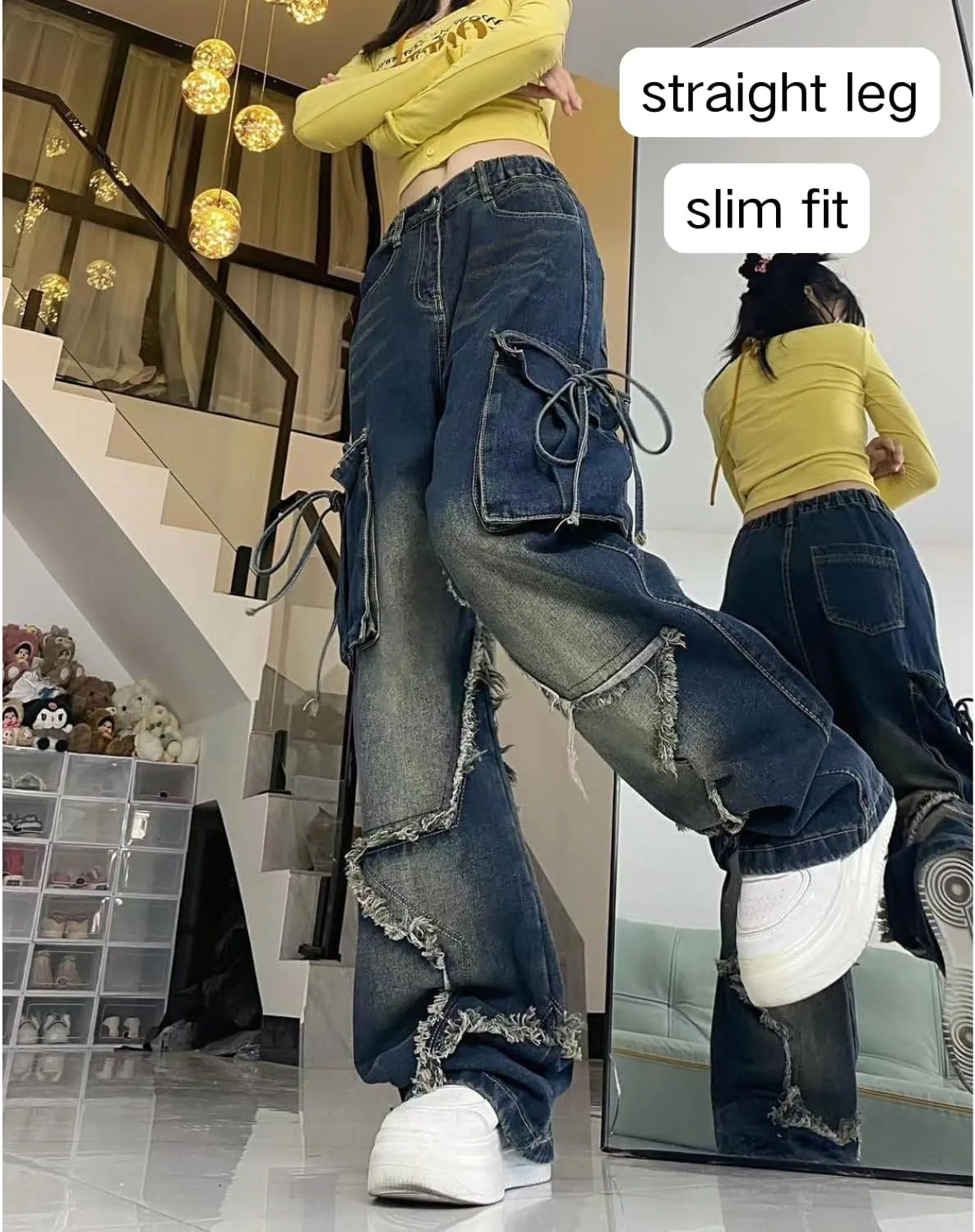 Star Jeans for Women Girls Baggy Cute Patchwork Denim Pants Y2k High Waisted Jeans Grunge Aesthetic Clothes