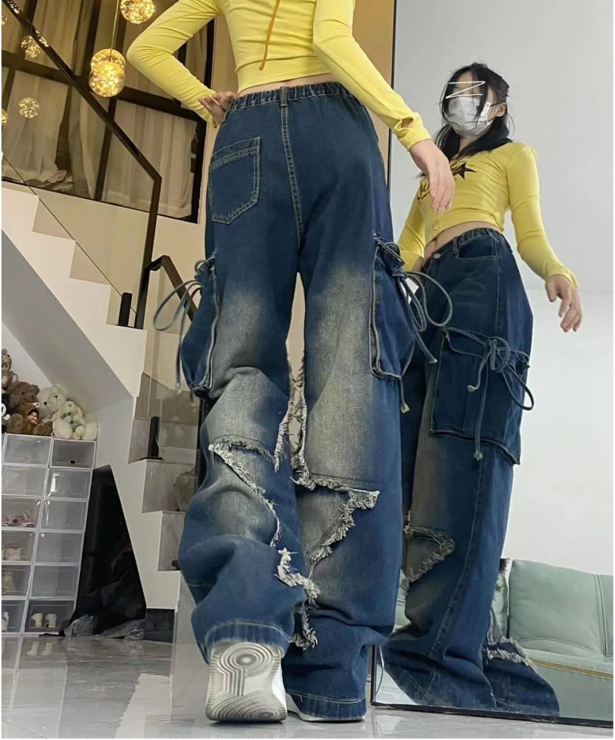 Star Jeans for Women Girls Baggy Cute Patchwork Denim Pants Y2k High Waisted Jeans Grunge Aesthetic Clothes