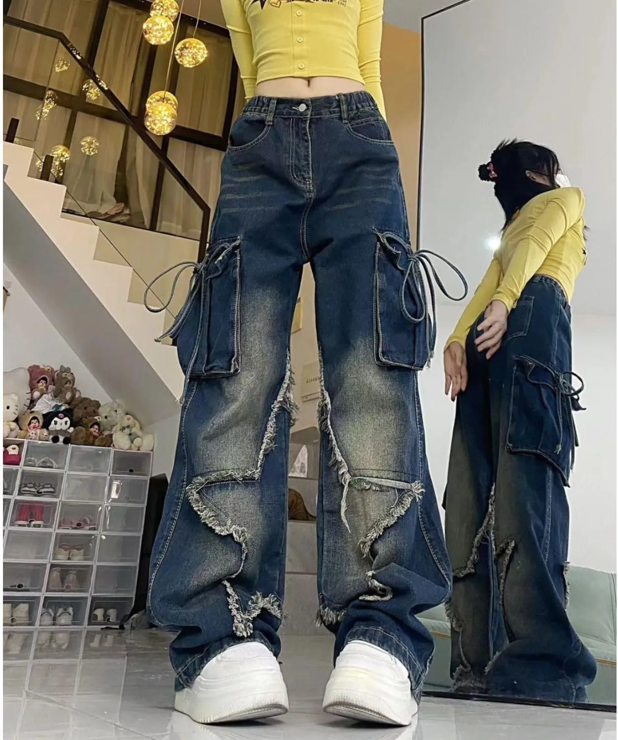 Star Jeans for Women Girls Baggy Cute Patchwork Denim Pants Y2k High Waisted Jeans Grunge Aesthetic Clothes