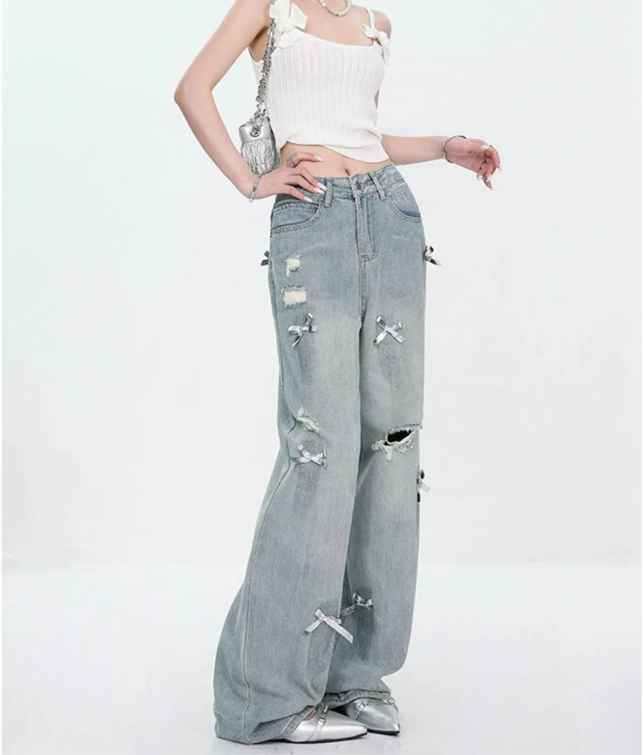 Star Jeans for Women Girls Baggy Cute Patchwork Denim Pants Y2k High Waisted Jeans Grunge Aesthetic Clothes