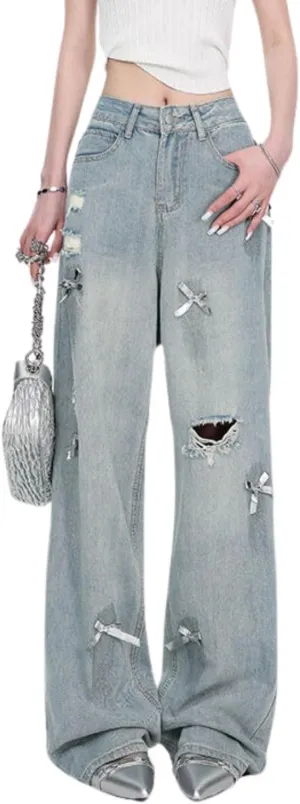 Star Jeans for Women Girls Baggy Cute Patchwork Denim Pants Y2k High Waisted Jeans Grunge Aesthetic Clothes