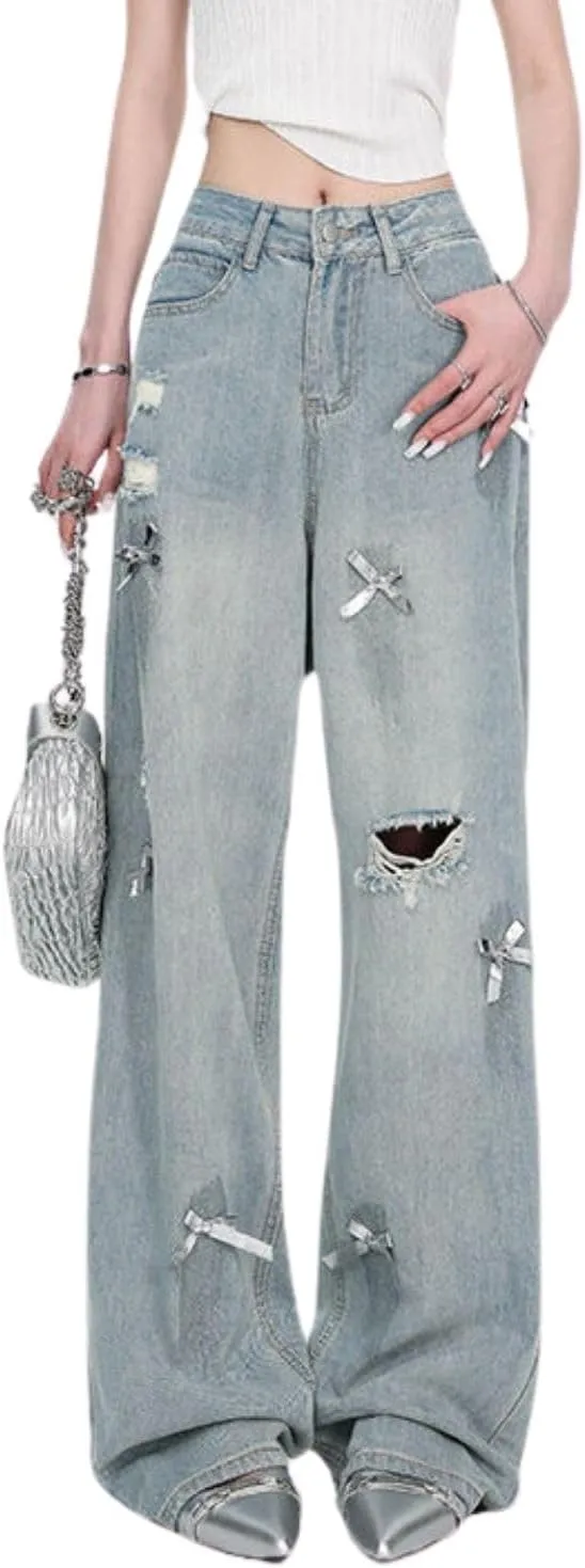 Star Jeans for Women Girls Baggy Cute Patchwork Denim Pants Y2k High Waisted Jeans Grunge Aesthetic Clothes