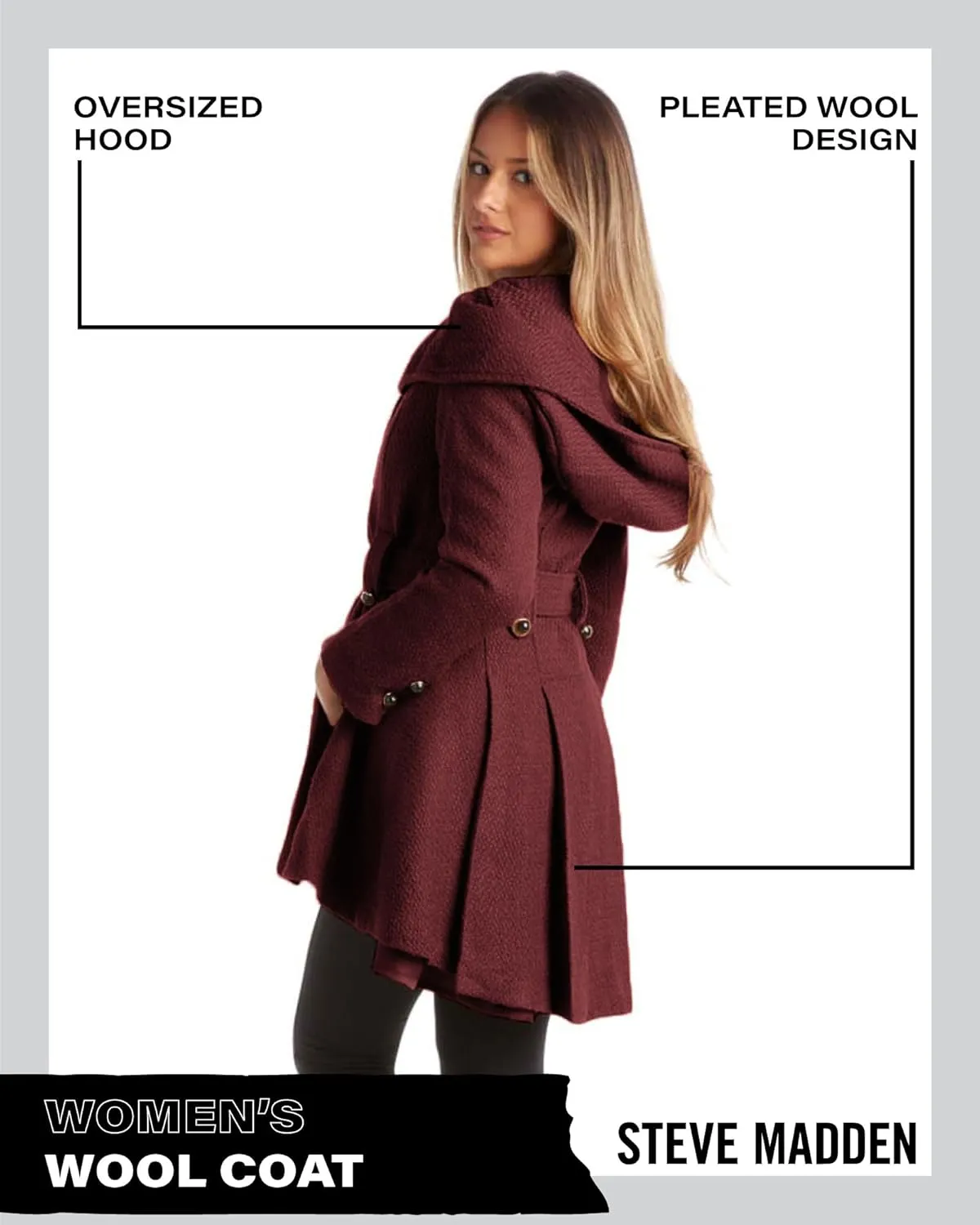 Steve Madden Womens Coat - Single-Breasted Wool Dress Coat with Hood, Belted Mid-Length Coats for Women (Sizes: S-XL)