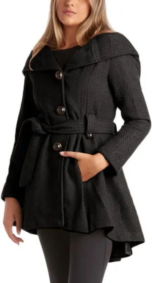 Steve Madden Womens Coat - Single-Breasted Wool Dress Coat with Hood, Belted Mid-Length Coats for Women (Sizes: S-XL)