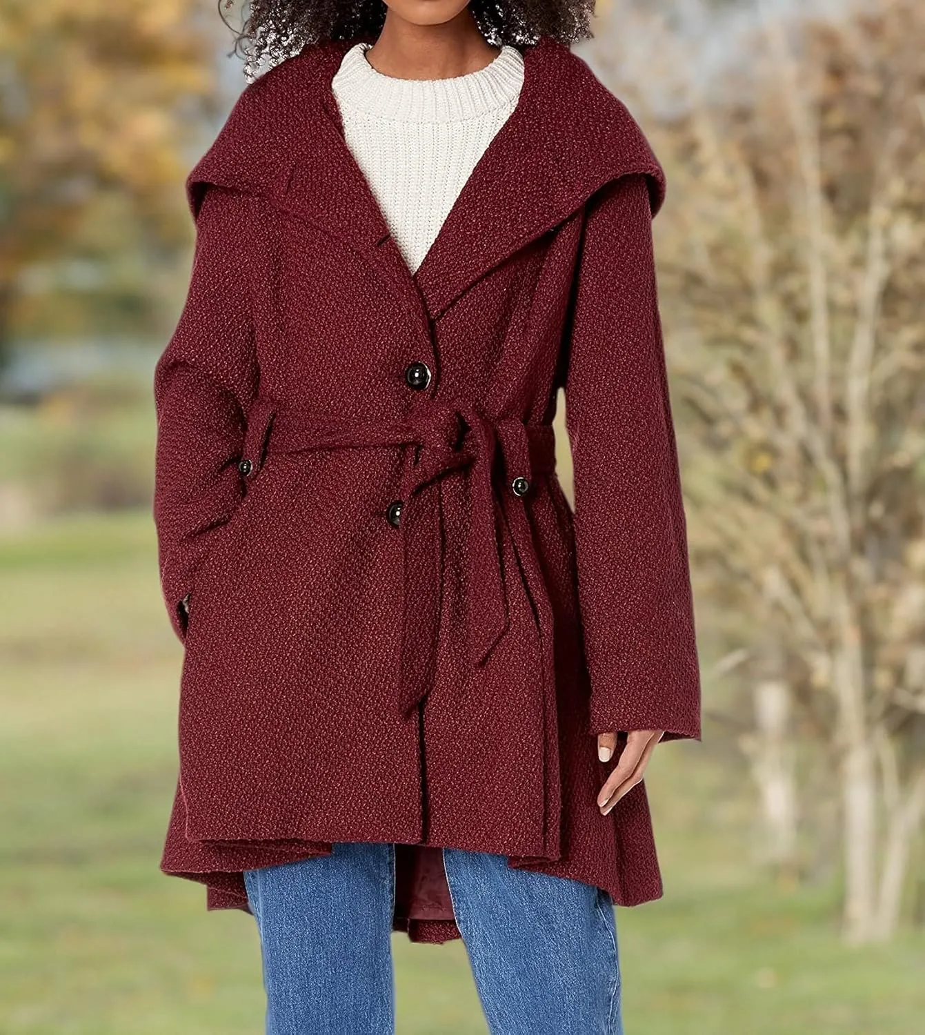 Steve Madden Womens Coat - Single-Breasted Wool Dress Coat with Hood, Belted Mid-Length Coats for Women (Sizes: S-XL)