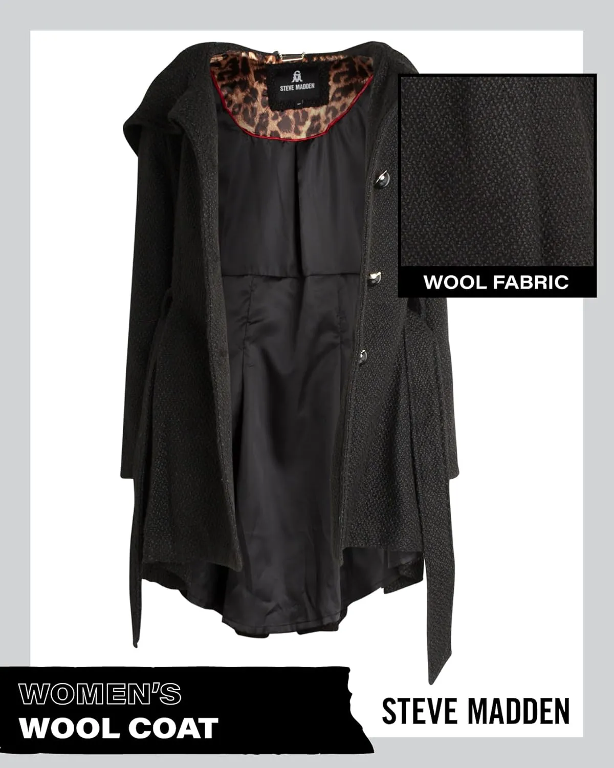 Steve Madden Womens Coat - Single-Breasted Wool Dress Coat with Hood, Belted Mid-Length Coats for Women (Sizes: S-XL)