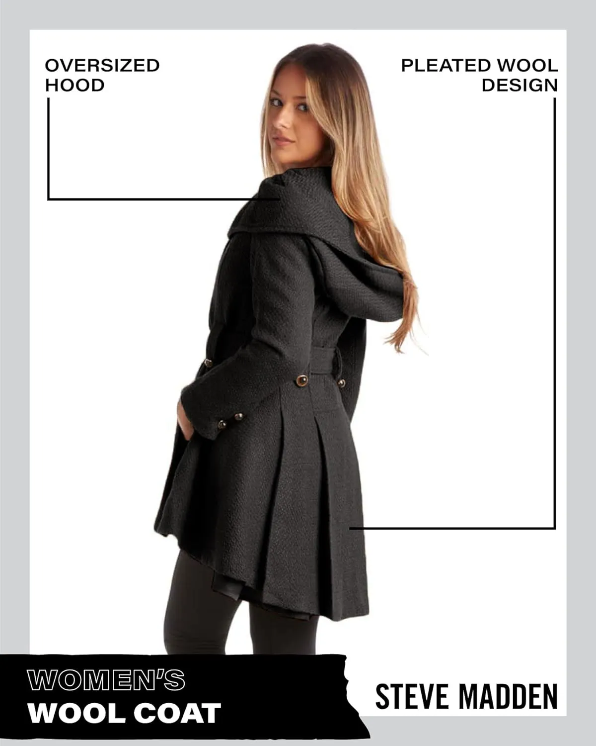 Steve Madden Womens Coat - Single-Breasted Wool Dress Coat with Hood, Belted Mid-Length Coats for Women (Sizes: S-XL)