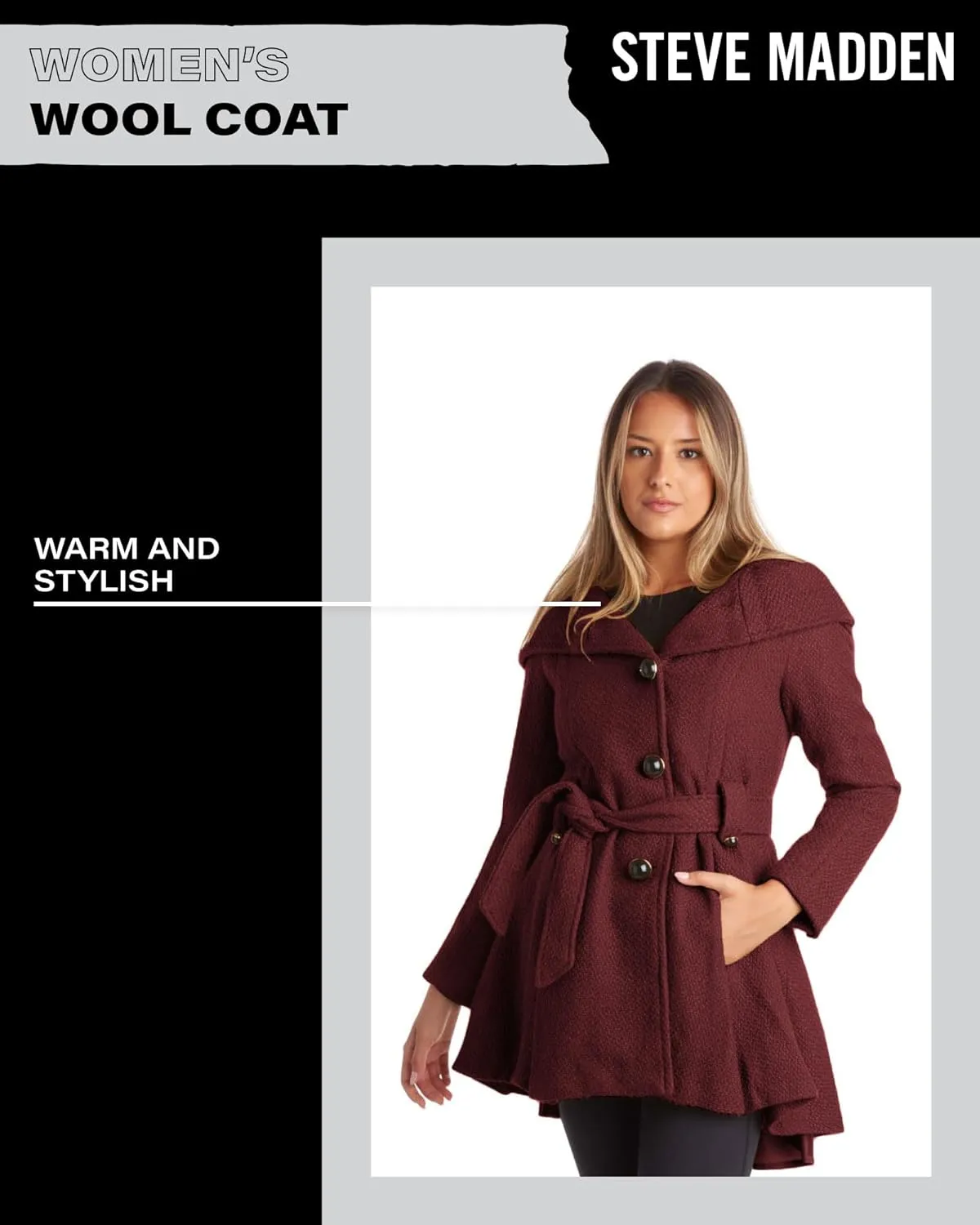 Steve Madden Womens Coat - Single-Breasted Wool Dress Coat with Hood, Belted Mid-Length Coats for Women (Sizes: S-XL)