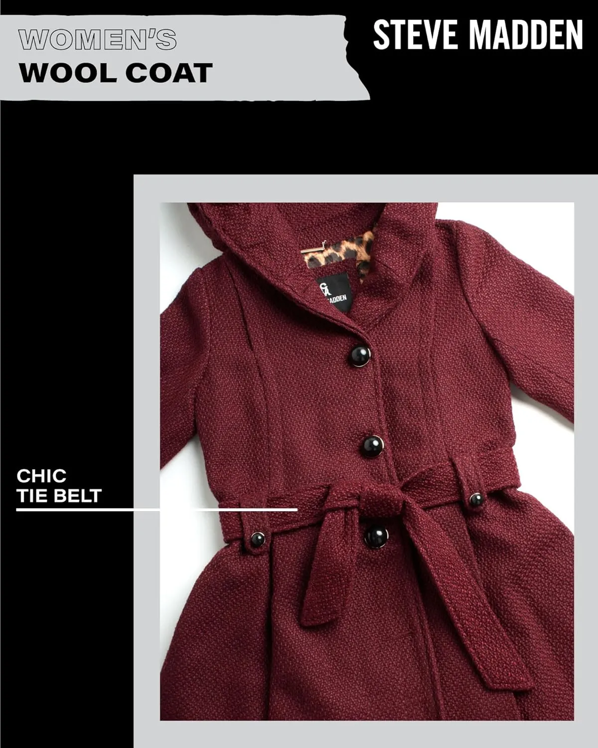 Steve Madden Womens Coat - Single-Breasted Wool Dress Coat with Hood, Belted Mid-Length Coats for Women (Sizes: S-XL)