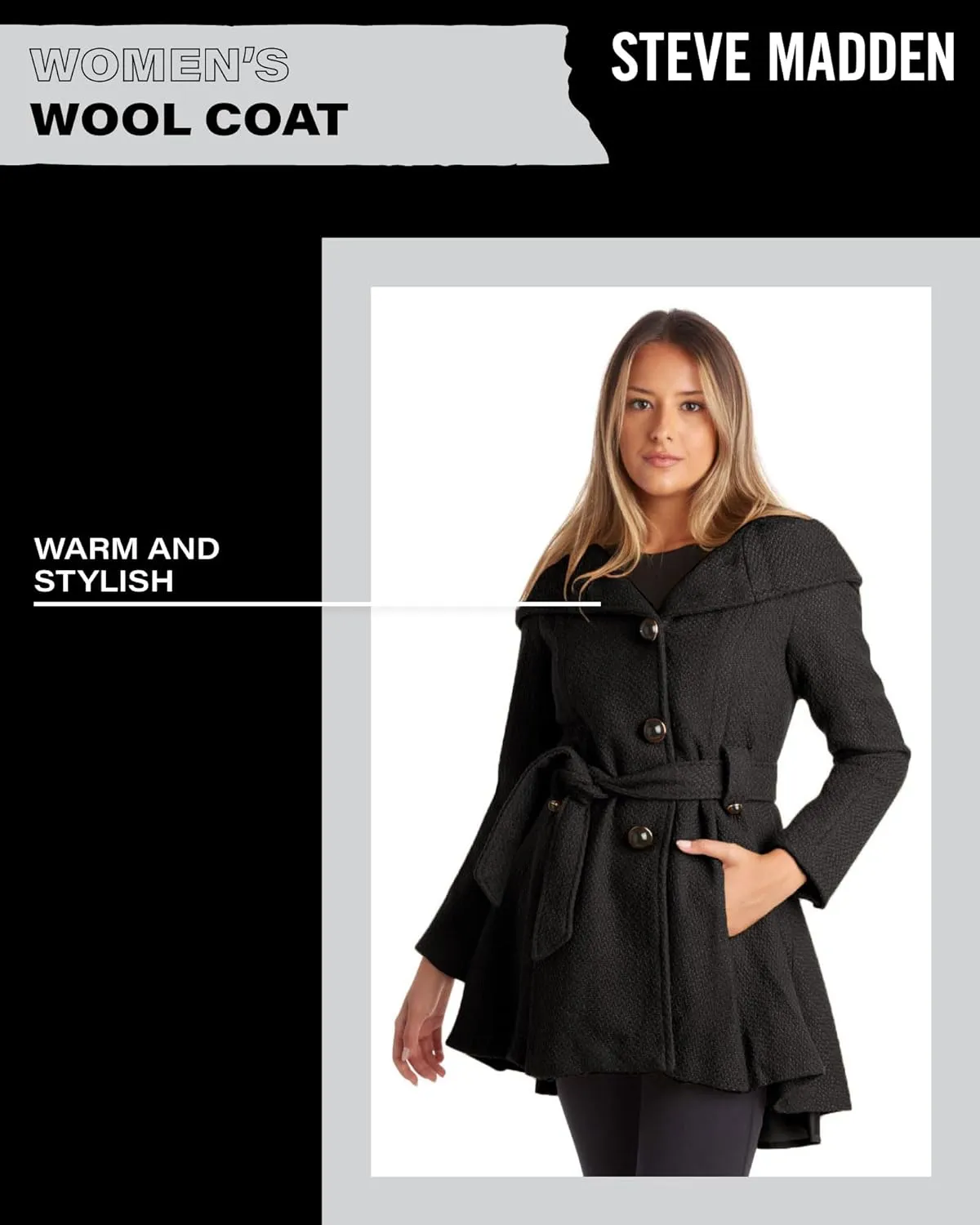 Steve Madden Womens Coat - Single-Breasted Wool Dress Coat with Hood, Belted Mid-Length Coats for Women (Sizes: S-XL)