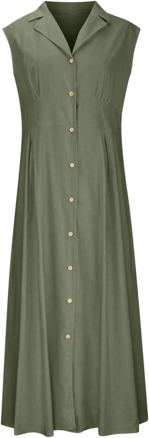 Summer Dresses for Women 2025 Casual Beach Cotton Linen Button Down Sundresses Loose V Neck Sleeveless Maxi Dress