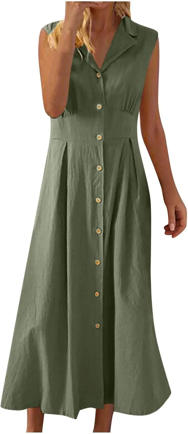 Summer Dresses for Women 2025 Casual Beach Cotton Linen Button Down Sundresses Loose V Neck Sleeveless Maxi Dress