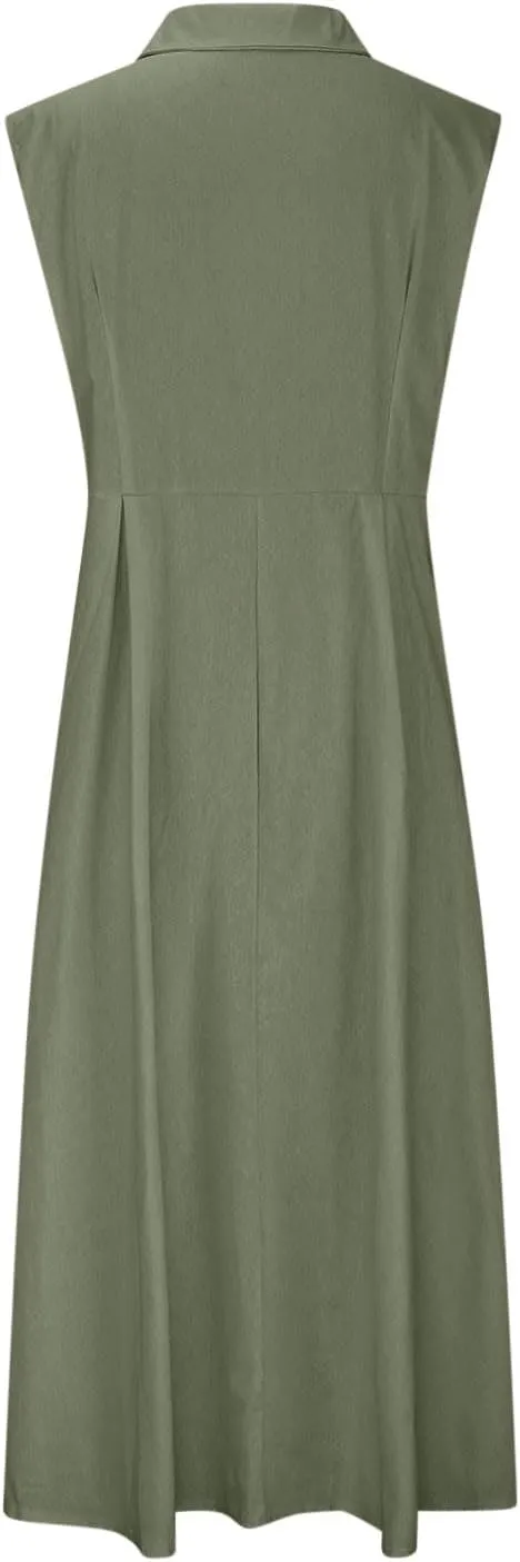 Summer Dresses for Women 2025 Casual Beach Cotton Linen Button Down Sundresses Loose V Neck Sleeveless Maxi Dress