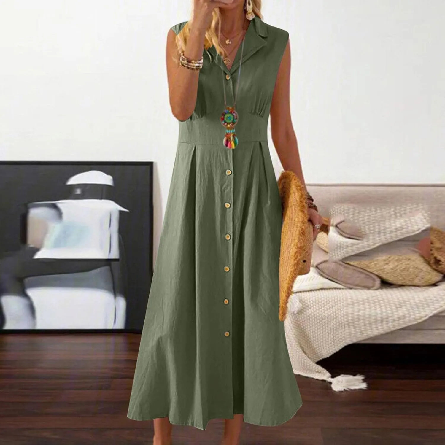 Summer Dresses for Women 2025 Casual Beach Cotton Linen Button Down Sundresses Loose V Neck Sleeveless Maxi Dress
