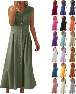 Summer Dresses for Women 2025 Casual Beach Cotton Linen Button Down Sundresses Loose V Neck Sleeveless Maxi Dress