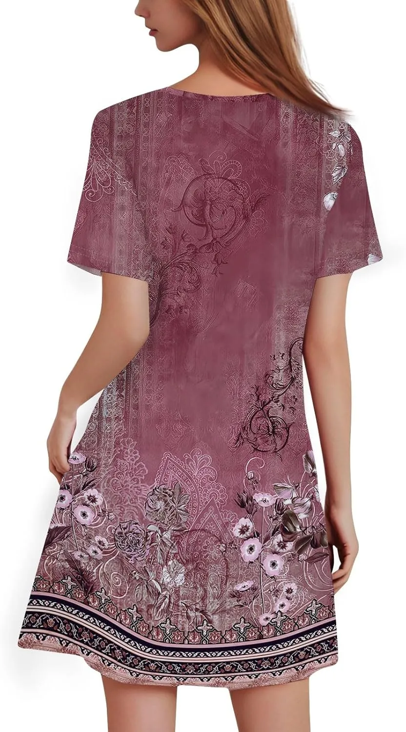 Summer Dresses for Women 2025 Casual Beach Mini Dress Loose Short Sleeve T Shirt Dress Floral Flowy A-Line Dresses