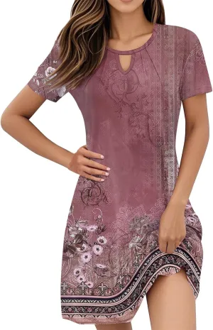 Summer Dresses for Women 2025 Casual Beach Mini Dress Loose Short Sleeve T Shirt Dress Floral Flowy A-Line Dresses