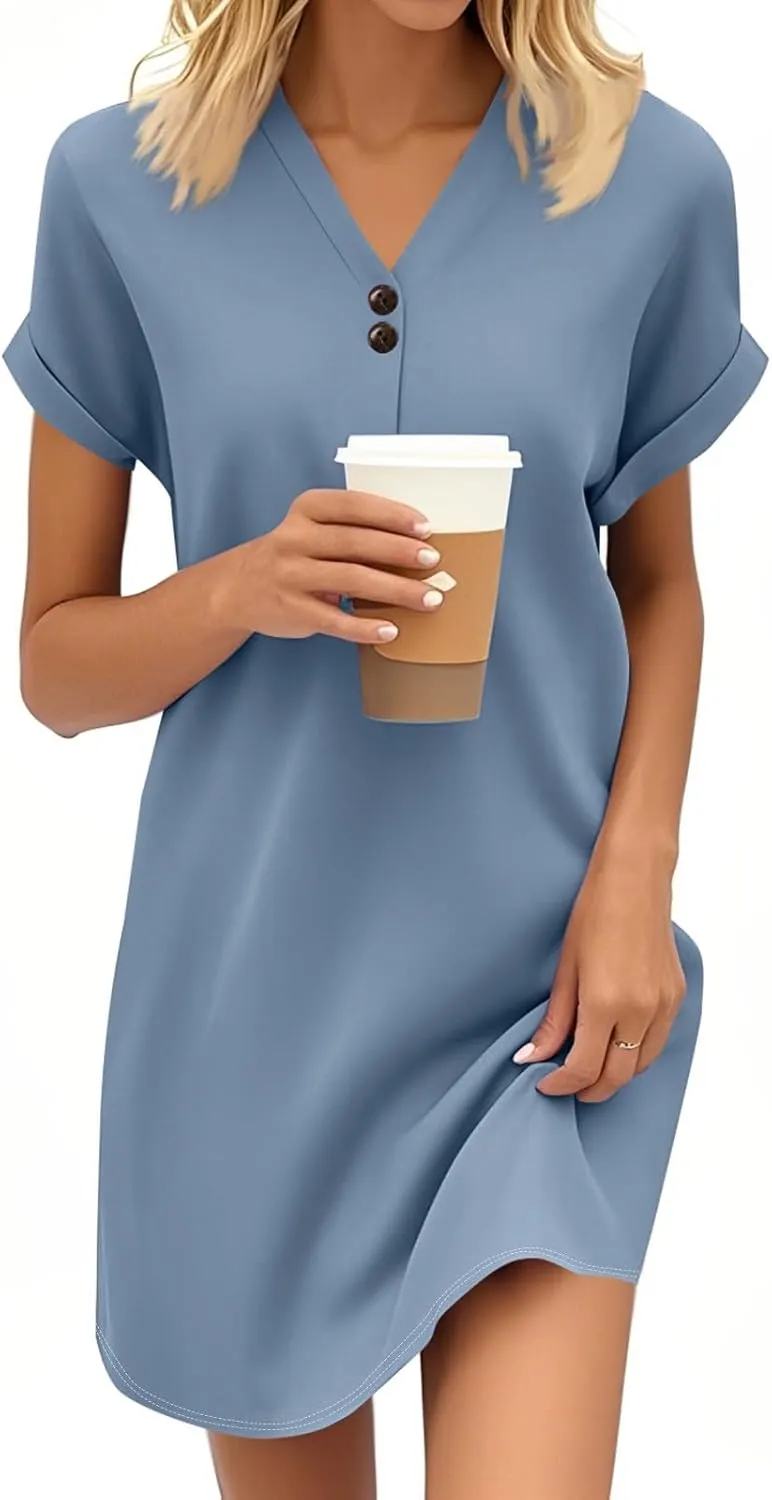 Summer Dresses for Women 2025 Short Sleeve V-Neck Buttons Boho Flattering Comfortable Vacation Plus Size Sundresses