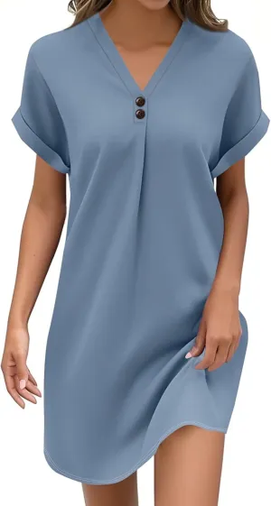 Summer Dresses for Women 2025 Short Sleeve V-Neck Buttons Boho Flattering Comfortable Vacation Plus Size Sundresses
