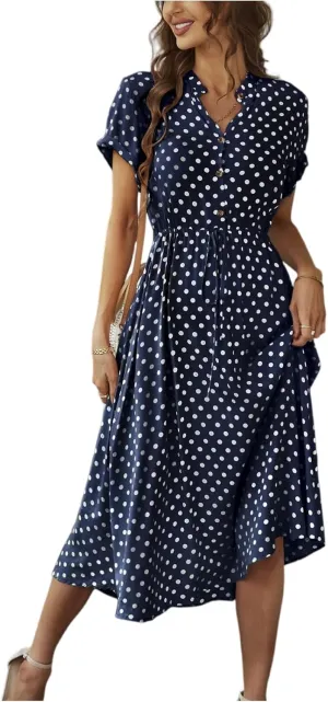 Summer Elegant Polka Dots V Neck Short Sleeve Dress for Womens 2025 Lace up Button Beach Vocation Casual Sundress
