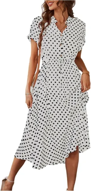 Summer Elegant Polka Dots V Neck Short Sleeve Dress for Womens 2025 Lace up Button Beach Vocation Casual Sundress