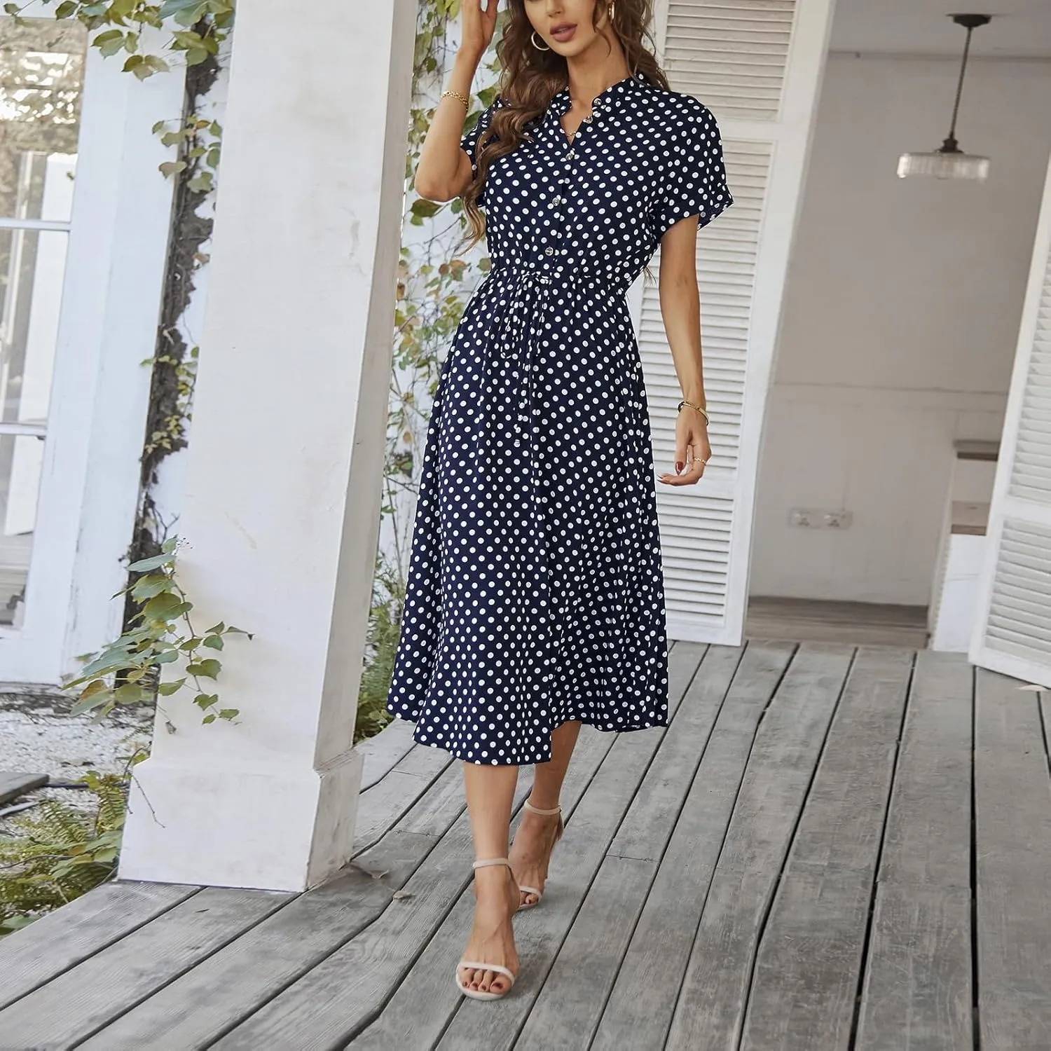 Summer Elegant Polka Dots V Neck Short Sleeve Dress for Womens 2025 Lace up Button Beach Vocation Casual Sundress