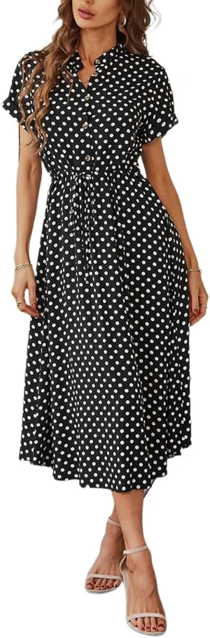 Summer Elegant Polka Dots V Neck Short Sleeve Dress for Womens 2025 Lace up Button Beach Vocation Casual Sundress