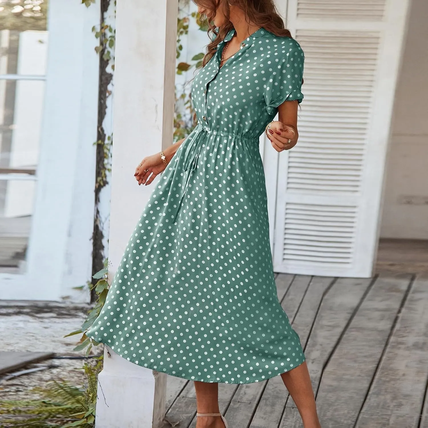 Summer Elegant Polka Dots V Neck Short Sleeve Dress for Womens 2025 Lace up Button Beach Vocation Casual Sundress