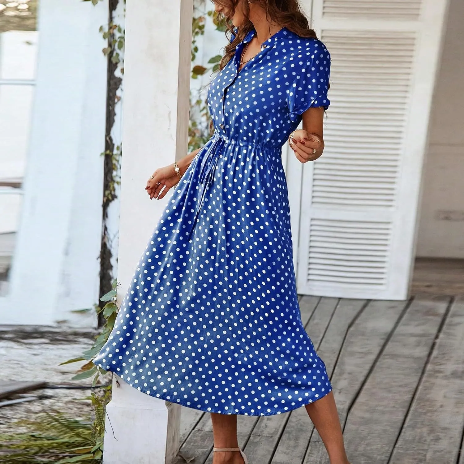 Summer Elegant Polka Dots V Neck Short Sleeve Dress for Womens 2025 Lace up Button Beach Vocation Casual Sundress