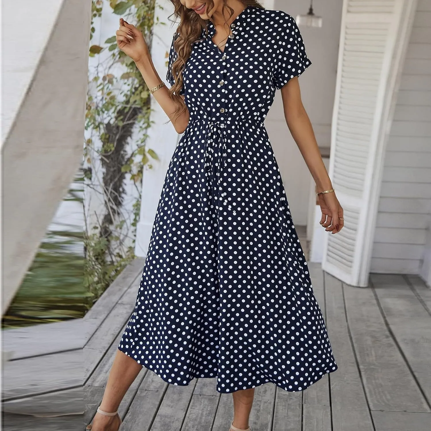 Summer Elegant Polka Dots V Neck Short Sleeve Dress for Womens 2025 Lace up Button Beach Vocation Casual Sundress