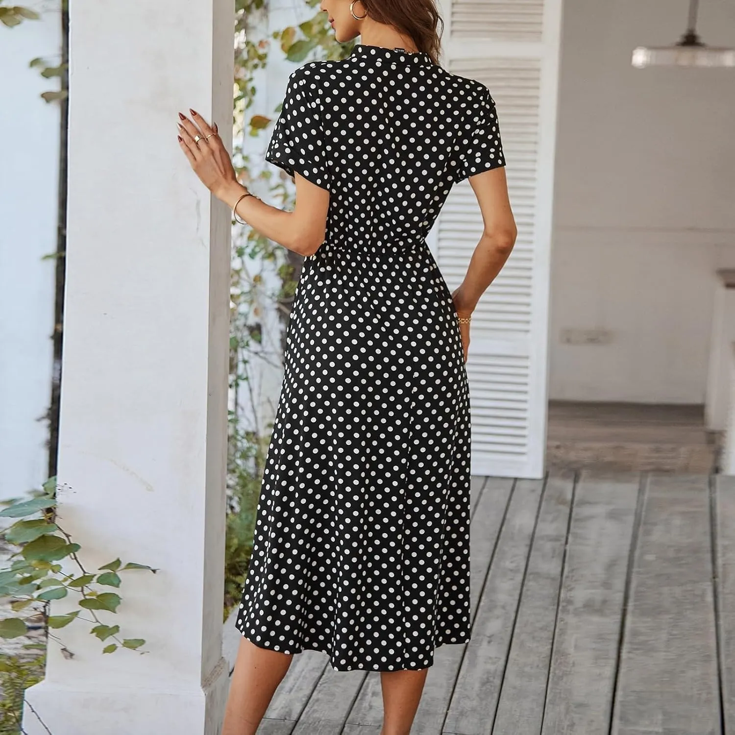Summer Elegant Polka Dots V Neck Short Sleeve Dress for Womens 2025 Lace up Button Beach Vocation Casual Sundress