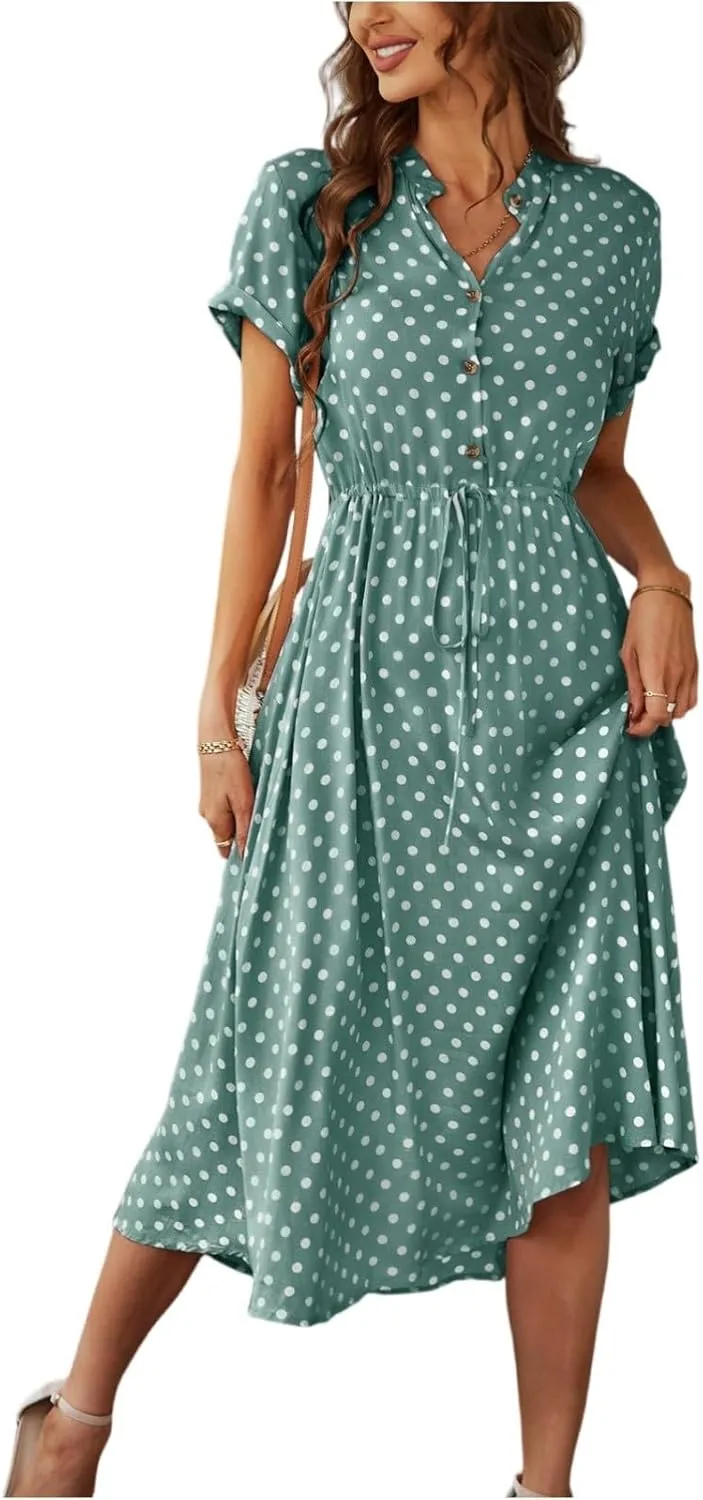 Summer Elegant Polka Dots V Neck Short Sleeve Dress for Womens 2025 Lace up Button Beach Vocation Casual Sundress